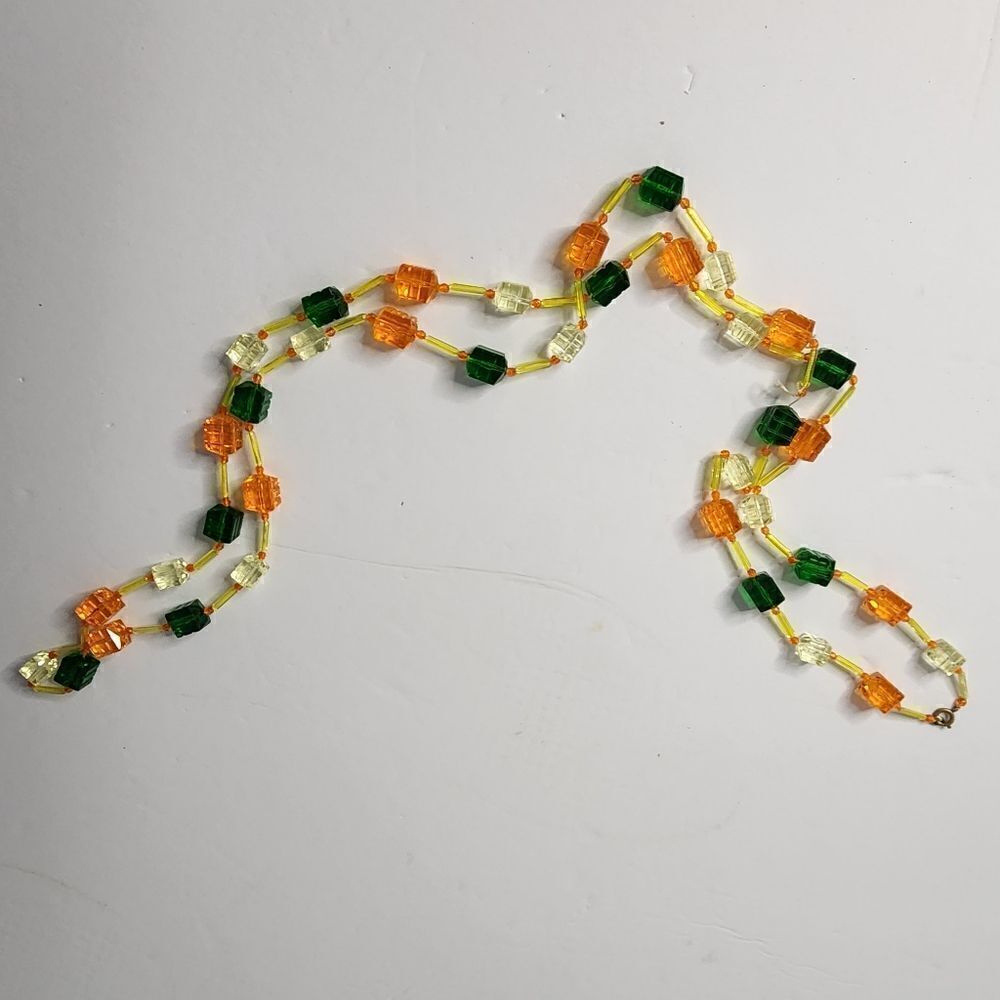 Vintage Lucite Faceted Cube Necklace Orange Yellow Green